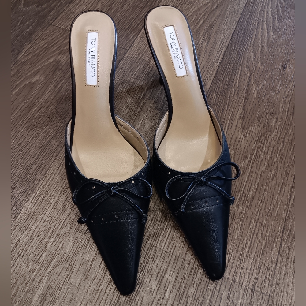 Tony Bianco Black Pointed Toe Slip-On Mules with Bow